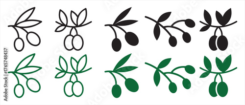 Olive Branch Icon Set. Black and Green Botanical Illustrations.