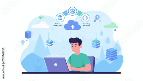 Modern illustration of a person using a laptop connected to cloud computing services, including SaaS, backup storage, and networking, representing digital transformation and data management in a
