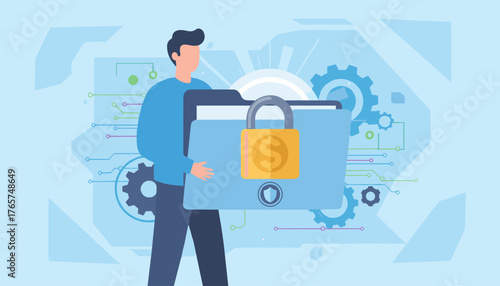 Abstract illustration of a man holding a locked folder with a dollar sign on the padlock, symbolizing confidential document concept, privacy protection, and secure data management in a business or