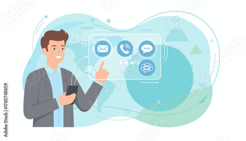 Smiling businessman in a suit holding a smartphone and interacting with a futuristic interface displaying icons for email, phone call, chat, and chatbot, symbolizing global customer support and