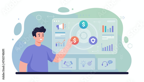 Customer Relationship Management Software Concept: A smiling man interacts with a futuristic interface displaying financial charts, business icons like a megaphone and handshake, and security