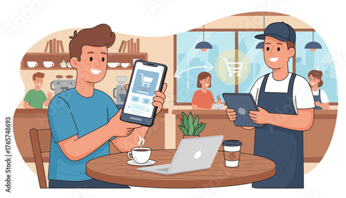 Customer making mobile payment for online shopping at a coffee shop, with a barista using a tablet to process the order, illustrating digital commerce and convenient transactions in a cafe