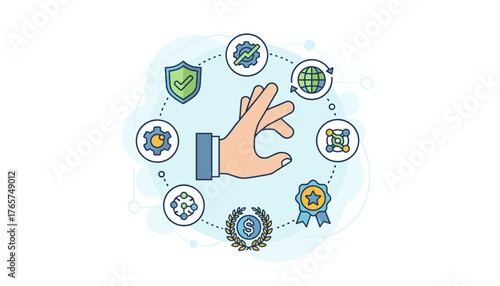 A stylized hand in a suit jacket gestures in the center of a circular diagram, surrounded by icons representing top-tier service quality, global reach, innovation, efficiency, security, and financial