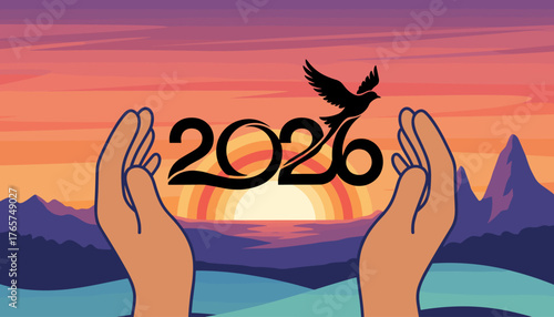 Symbolic illustration of hands cradling the dawn of the New Year 2026, with a dove of peace soaring against a vibrant sunset over mountains and a serene ocean, representing hope, new beginnings, and