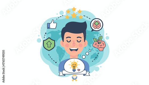 Joyful man with eyes closed and a wide smile, surrounded by symbols of positive feedback, security, growth, and brilliant ideas, set against a global map backdrop, representing satisfaction and