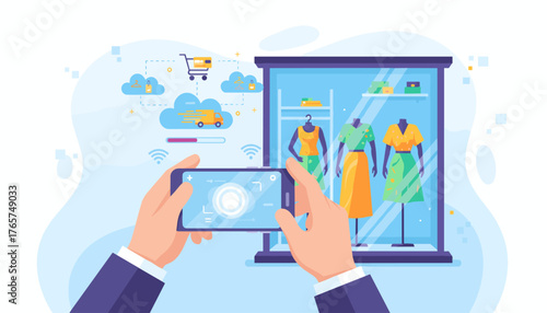 Hands holding a mobile smartphone to capture a photo of a clothing store window display featuring mannequins in dresses, with cloud-based e-commerce and delivery icons symbolizing online shopping and