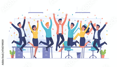 Diverse group of happy office workers and joyful staff employees jumping in the air with confetti celebrating success and achievement in a modern business workplace, conveying teamwork and positive