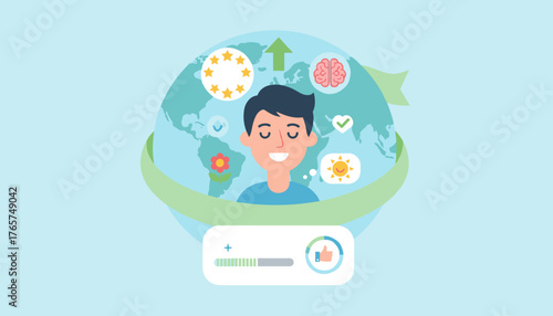 Joyful young man with a serene smile and closed eyes, surrounded by positive icons representing global well-being, mental health, and satisfaction, set against a stylized world map backdrop