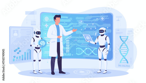 Futuristic medical technology concept: A scientist in a lab coat interacts with advanced AI robots and holographic displays showing DNA analysis, brain scans, and big data charts, representing