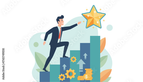 A determined businessman in a suit climbs a rising bar graph, reaching for a golden star symbolizing success, achievement, and business growth, with gears and coins indicating progress and financial