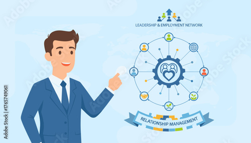 Business professional pointing to a diagram illustrating a leadership and employment network, emphasizing relationship management, human resources, and recruitment concepts with icons representing