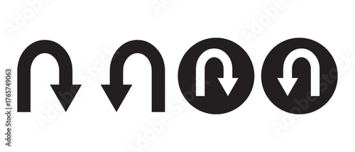 Black U-Turn Arrow Icons. Flat and Circular Road Sign Variants for Traffic and Navigation Design.