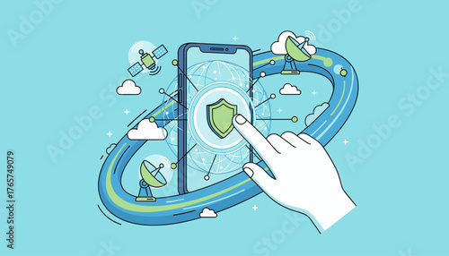 Abstract illustration of a human hand interacting with a smartphone displaying a secure shield icon, surrounded by a global network of satellites, clouds, and communication signals, symbolizing