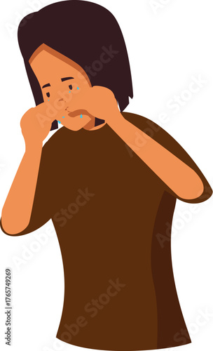 Sad person is crying with tears streaming down face, covering face with hands