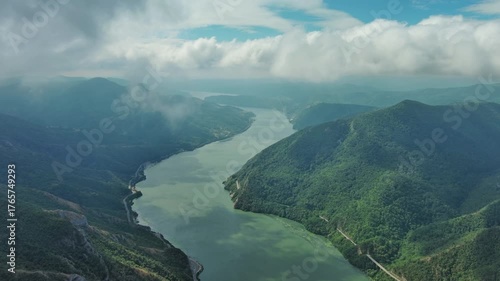 Aerial view on the Danube river and mountains in Djerdap National Park, Serbia Romania border, 4k