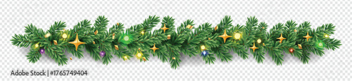 Border with green fir branches, gold stars, yellow red green lights and confetti on transparent background. Pine, xmas evergreen plants banner. Vector Christmas tree garand decoratilon