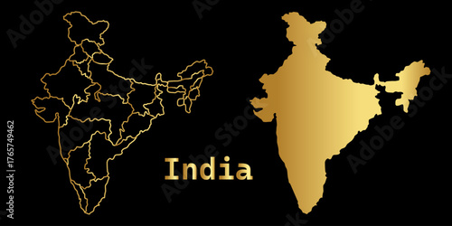 Golden line map of India, Vector India map  and country letteringf with golden name on black background,India Map ,India borders,Vector illustration.