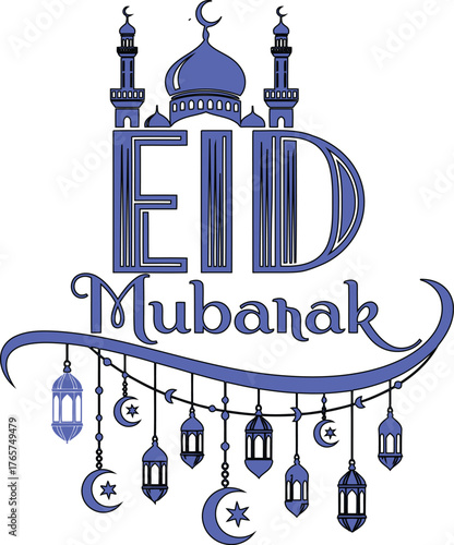 Vibrant Eid Mubarak vector graphic showcasing a mosque, decorative lanterns, and celestial symbols for festive greetings