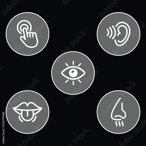 Five human senses editable stroke outline icons set isolated on white background flat vector illustration. eps 10