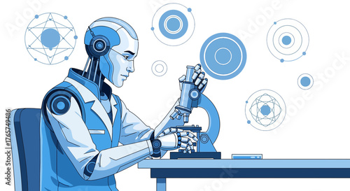 Advanced robotic scientist in a futuristic laboratory conducting research with microscope