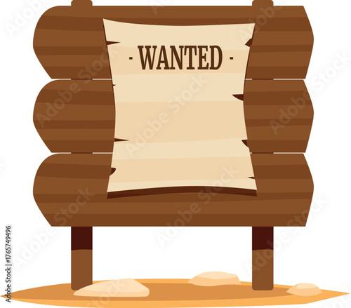 Old paper sheet hanging on a wooden sign with the word wanted on it, placed in the desert sand