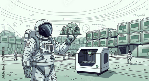 Astronaut in futuristic space station exhibiting a 3D printed lunar habitat model innovation
