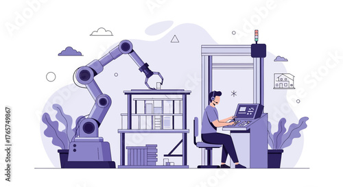 Automated construction manufacturing process with robotic arm and human operator overseeing assembly