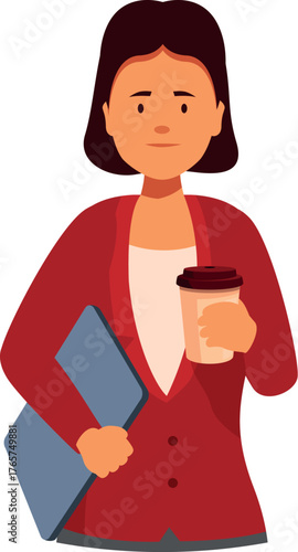 Businesswoman is holding a laptop and a coffee, ready to start her workday