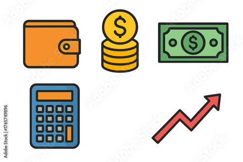 Essential financial symbols including wallet, cash, coins, calculator, and rising graph arrow