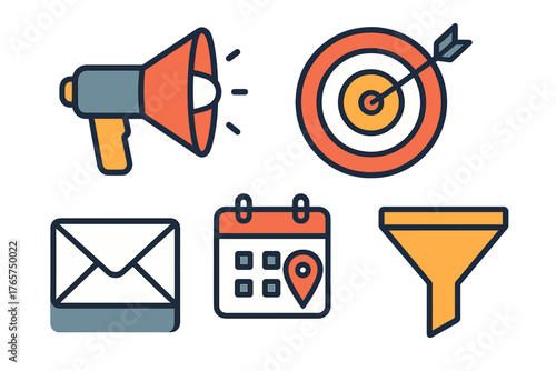 Digital marketing and business strategy concepts: megaphone, target, calendar, mail, and funnel