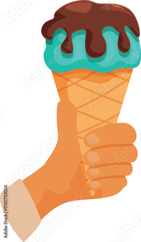 Hand grasping a waffle cone filled with turquoise ice cream and drizzled with chocolate