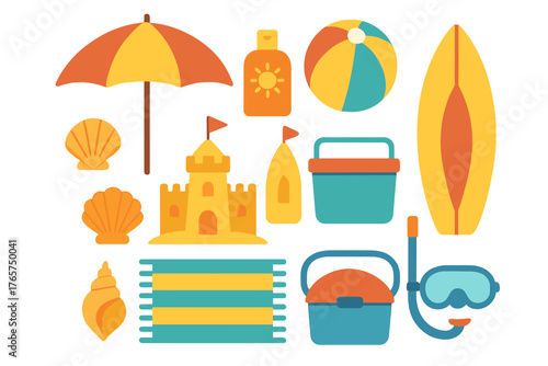 Bright summer vacation essentials set with beach umbrella, sandcastle, surfboard, cooler, and snorkeling gear