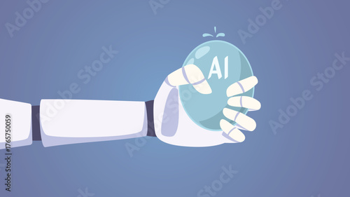 Robotic Hand Squeezing the Ai Speculative Bubble  Vector Illustration. New tech business based on the promise of futuristic innovations about to burst