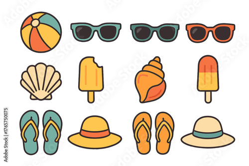 Colorful assortment of beach and summer vacation accessories and treats on white