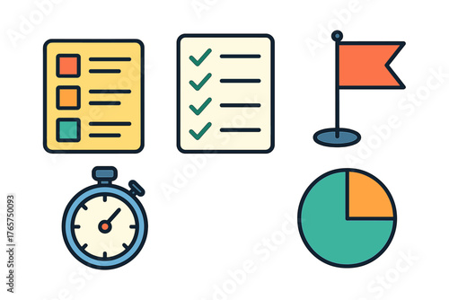 Essential business and productivity symbols showing task lists, stopwatch, goal flag, and data chart
