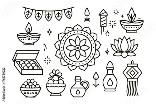 Traditional Diwali Festival symbols including Diyas, Sweets, Rangoli, and decorative Lanterns