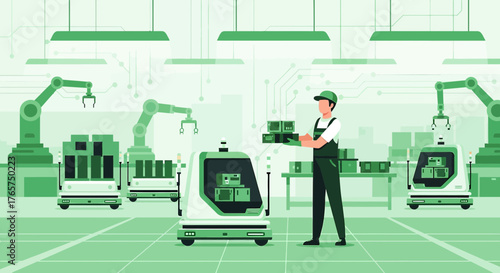 Automated manufacturing facility showcasing robotic arms and autonomous vehicles for logistics and