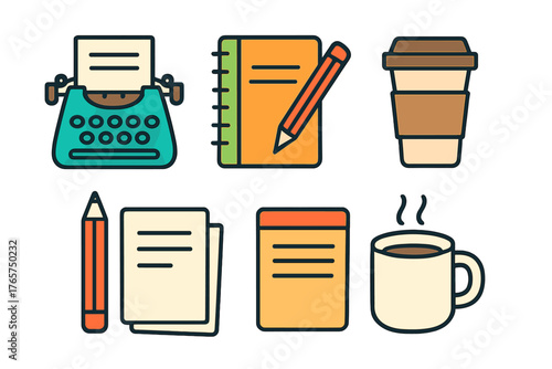 Creative writing essentials with typewriter notebook paper and coffee cups