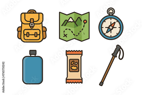 Essential outdoor adventure and hiking equipment including backpack, folded map, compass, water bottle, snack bar, and trekking pole