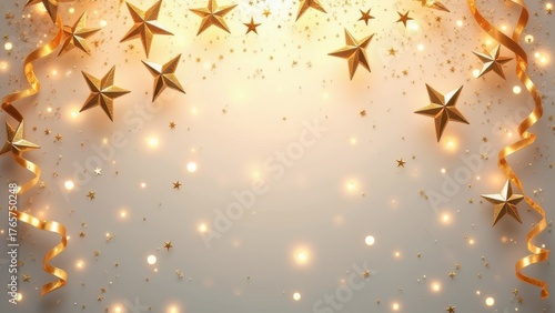 festive background top view with golden confetti stars and serpentine streamers on light surface creating celebration atmosphere concept of christmas, new year, party industry