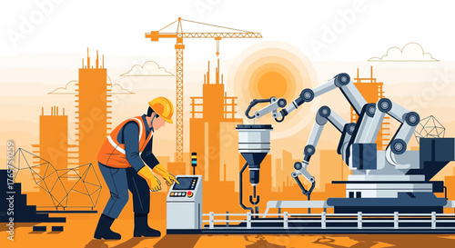 Automated manufacturing process in construction with robotic arms and human operator for