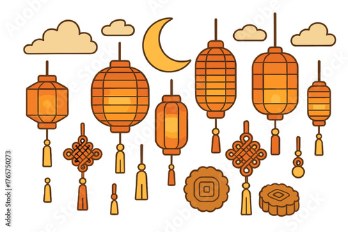 Traditional Chinese Mid-Autumn Festival elements set with glowing lanterns, mooncakes, and decorative knots