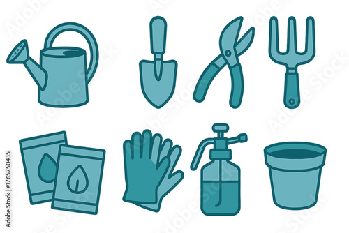 Set of essential gardening tools and supplies icons including watering can, trowel, and seeds