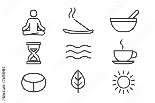 Wellness, spa, and natural health elements set featuring meditation, incense, mortar, hourglass, tea, pill, leaf, and sun symbols