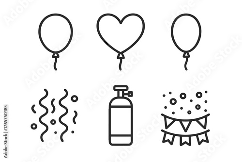 Minimalist outline icon set featuring party elements, balloons, heart, confetti, and helium tank
