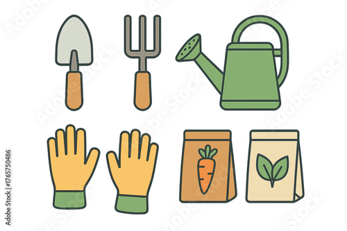 Set of essential gardening tools including trowel, fork, watering can, gloves, and seed packets