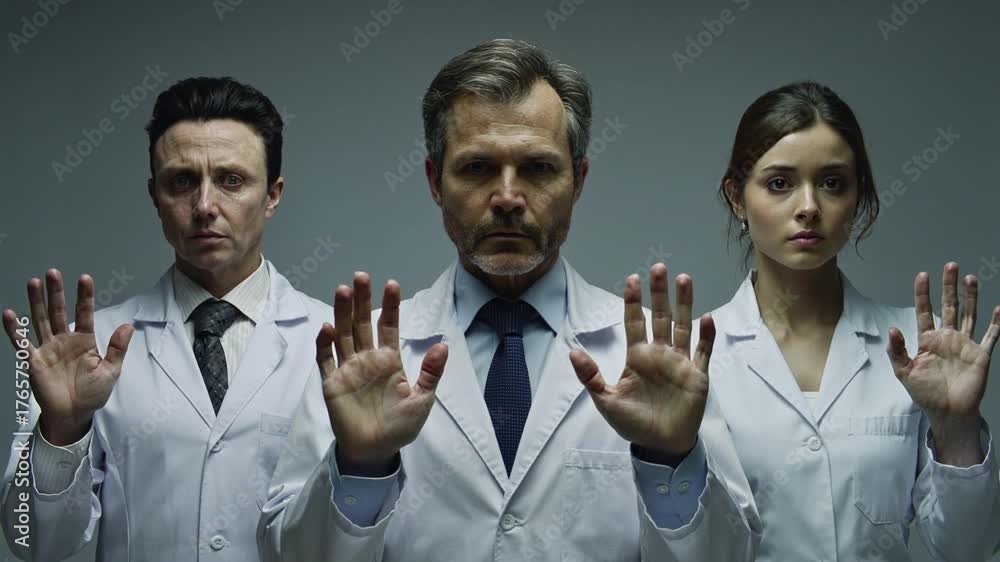 Profesionales de la salud (médicos y cirujanos) en fila mirando a cámara con las manos levantadas 