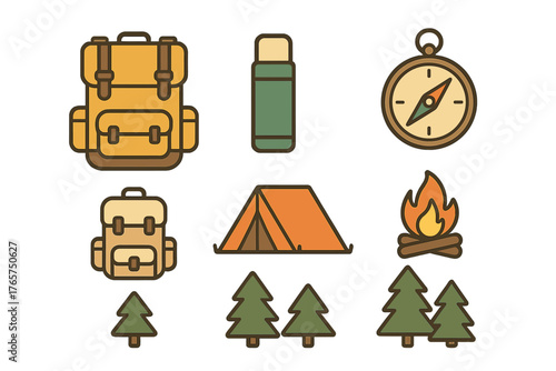 Essential gear and elements for hiking and camping adventures including backpacks, tent, compass, campfire, and pine trees