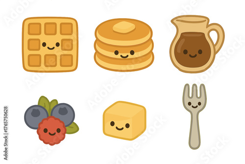 Adorable smiling breakfast food collection with waffle, pancakes, syrup pitcher, butter, and fresh berries