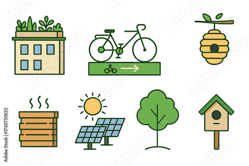 Sustainable living and eco friendly environment symbols featuring renewable energy and green city elements